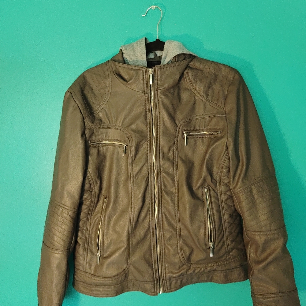 Faux Leather Jacket w/Hood